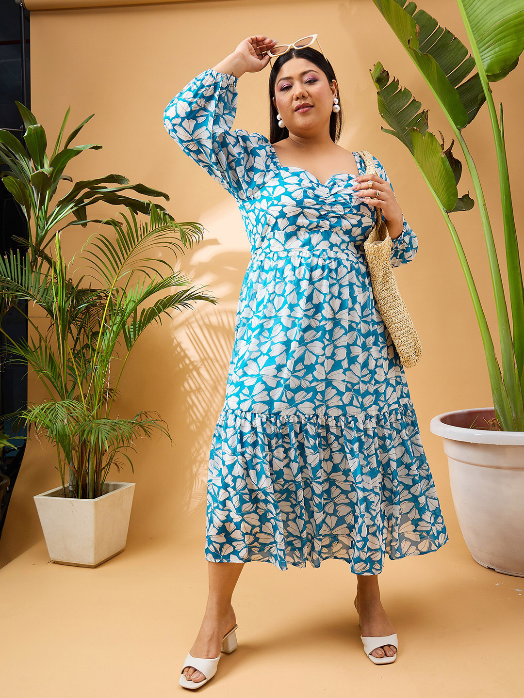 SASSAFRAS Curve Plus Size Turquoise Blue Floral Printed Tiered Fit & Flare Midi Dress
