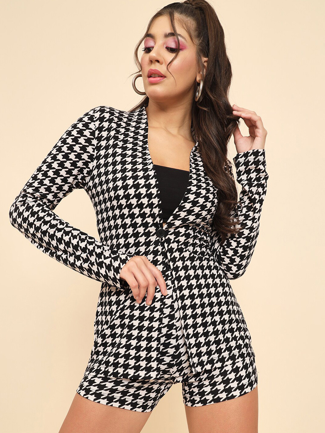 TANDUL Geometric Printed Shawl Neck Coat & Shorts