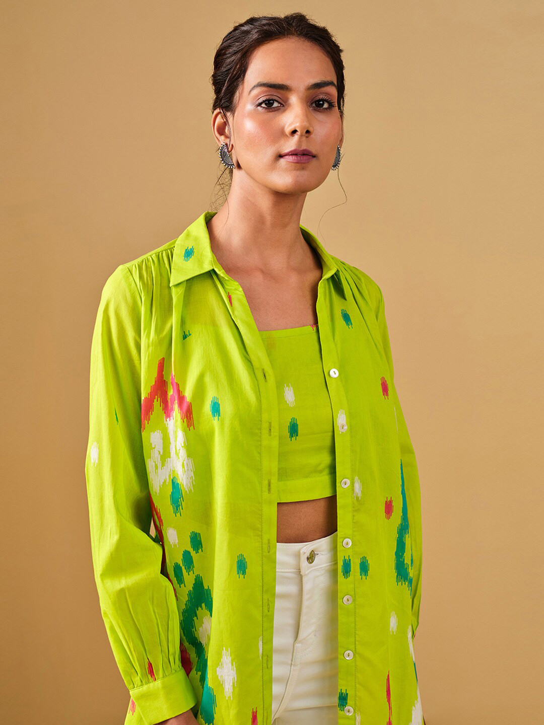 Global Desi Abstract Printed Pure Cotton Crop Top With Jacket