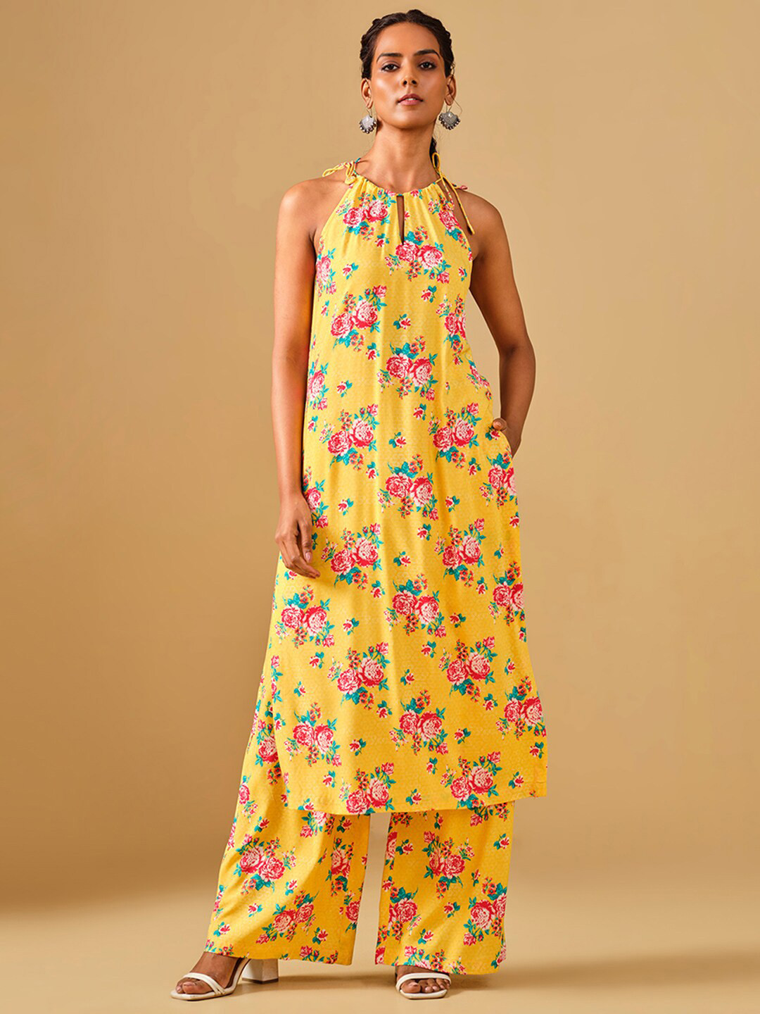 Global Desi Halter Neck Floral Printed Regular A-Line Fusion Kurta with Palazzos