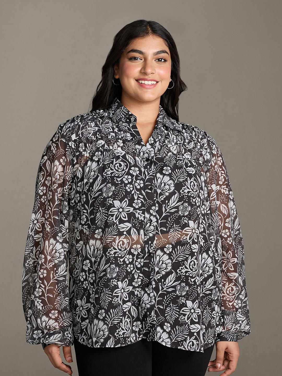 20Dresses Plus Size Black Floral Printed Spread Collar Long Sleeves Casual Shirt