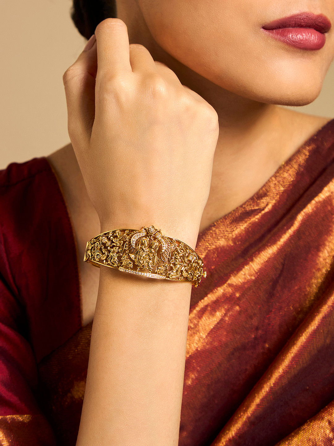 Kushal's Fashion Jewellery Embellished Bridal 925 Pure Silver Temple Kada Bracelet