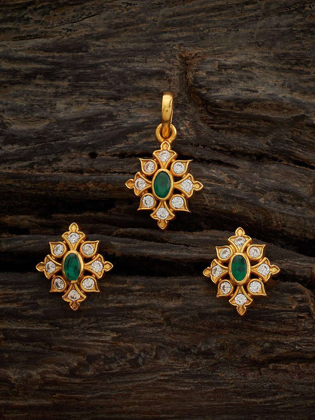 Kushal's Fashion Jewellery Embellished Bridal 92.5 Silver Gold Plated Stone Pendant Set