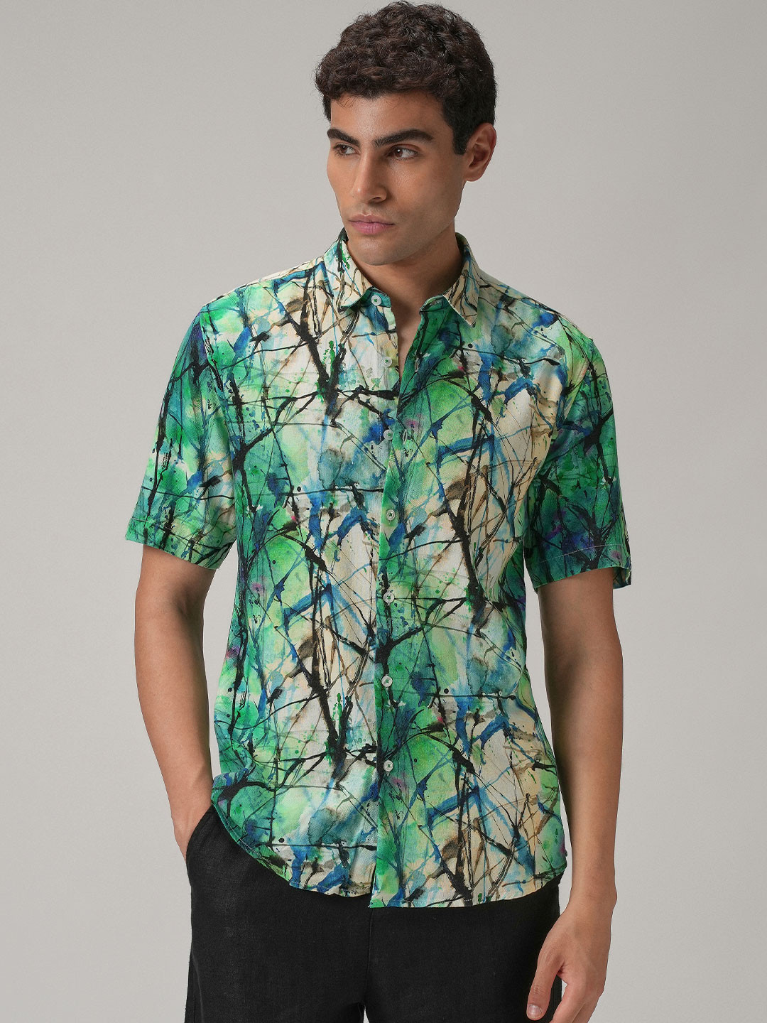 Banana Club Classic Slim Fit Abstract Printed Spread Collar Short Sleeves Casual Shirt
