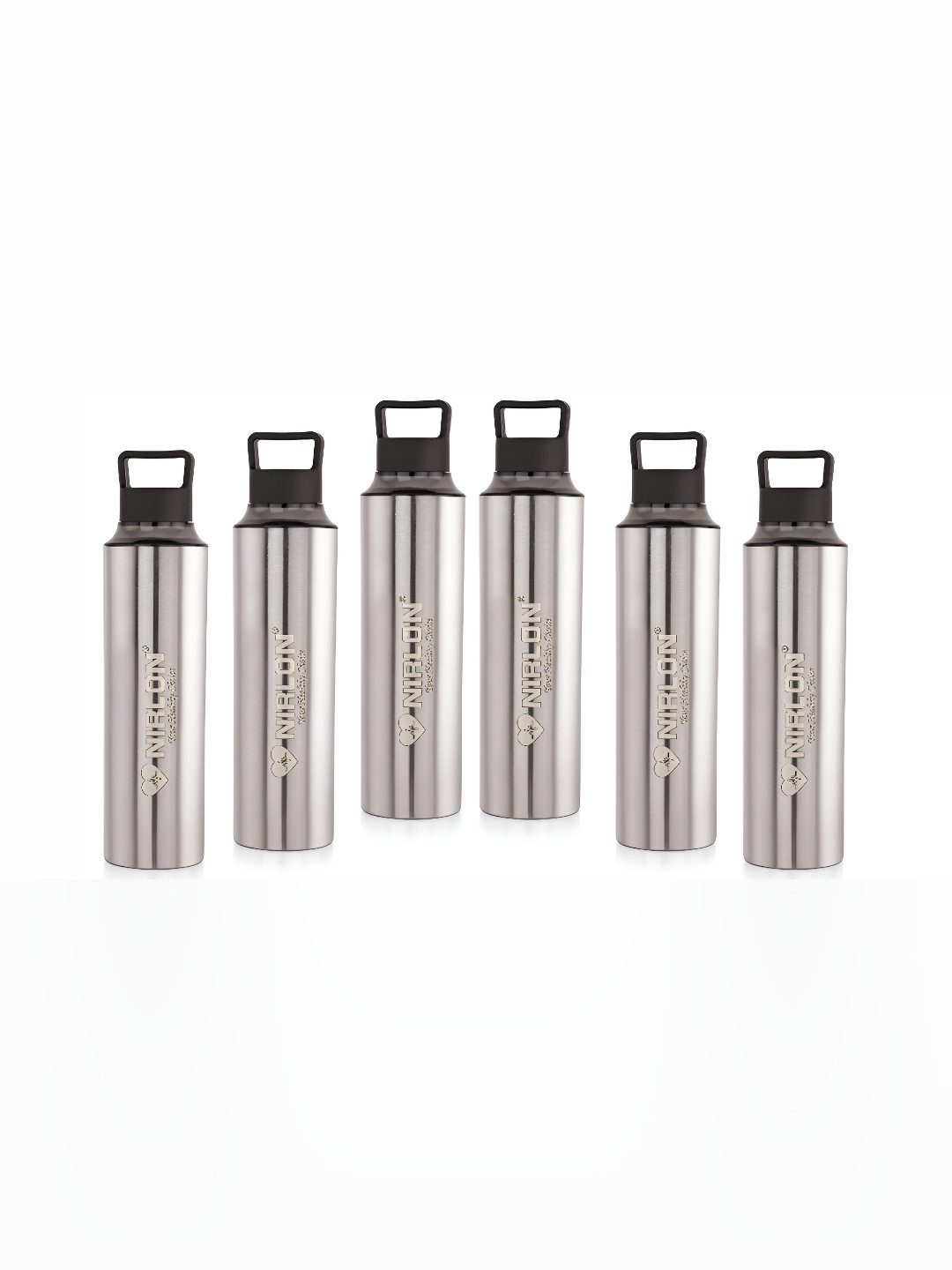 NIRLON Eco Pure Black Solid Stainless Steel BPA Free 6 Piece Water Bottle - 900ml