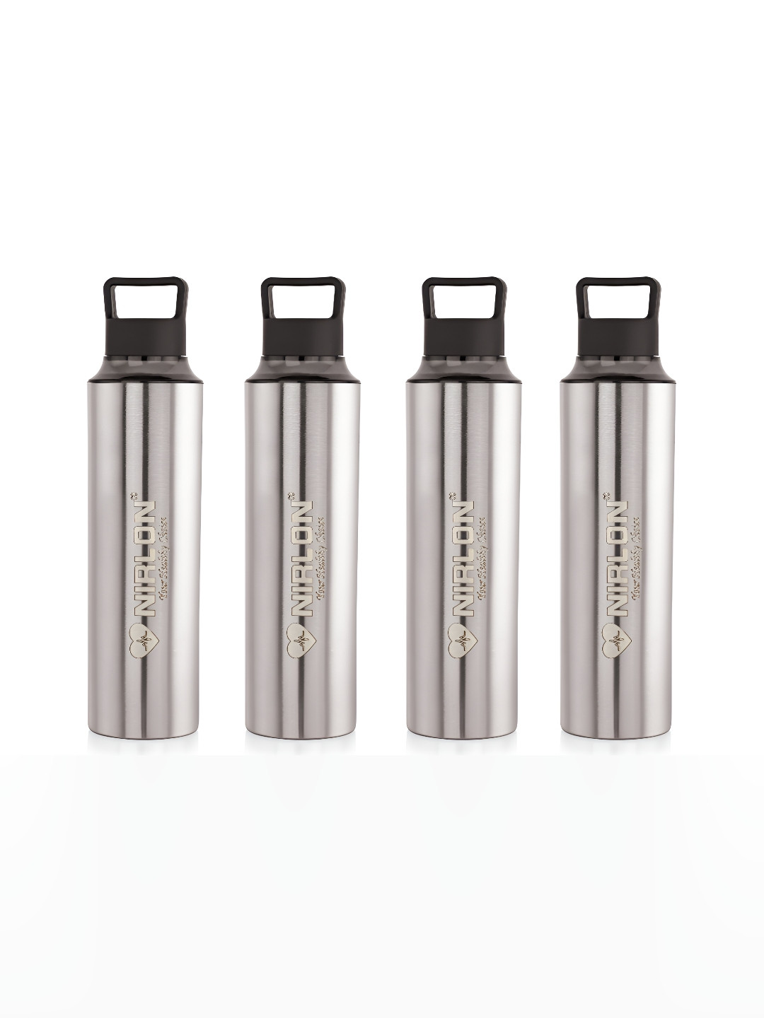 NIRLON Eco Pur Black Stainless Steel Single Wall Vacuum 4 Piece Water Bottle - 900ml