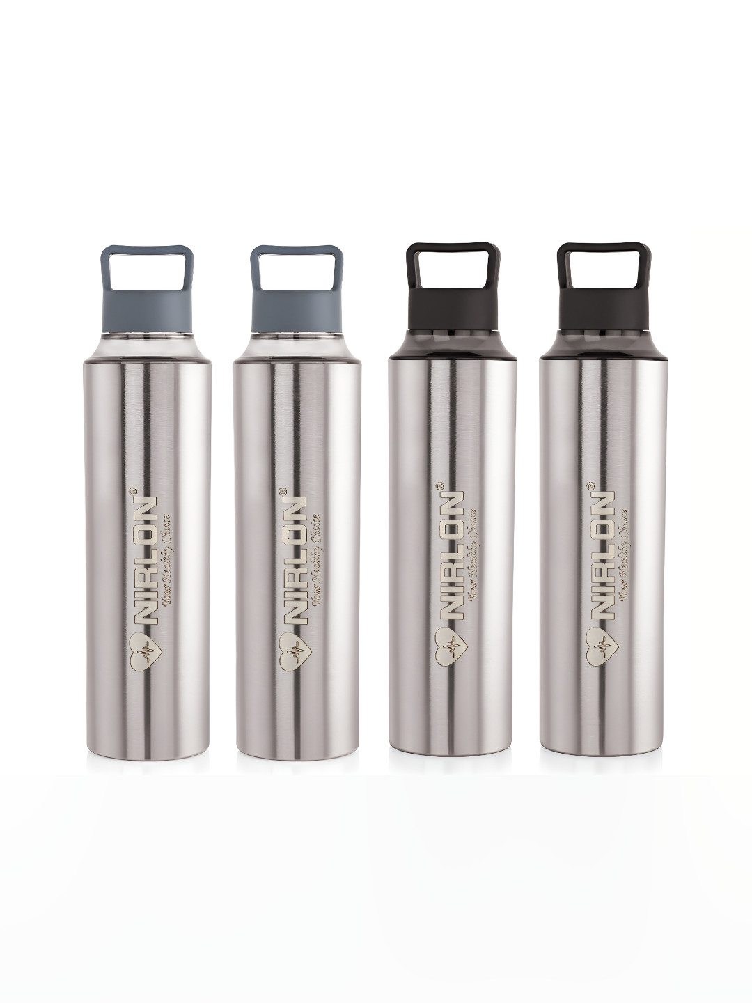 NIRLON Eco Pur Silver Solid Stainless Steel Single Wall Vacuum 4 Pcs Water Bottle - 900ml