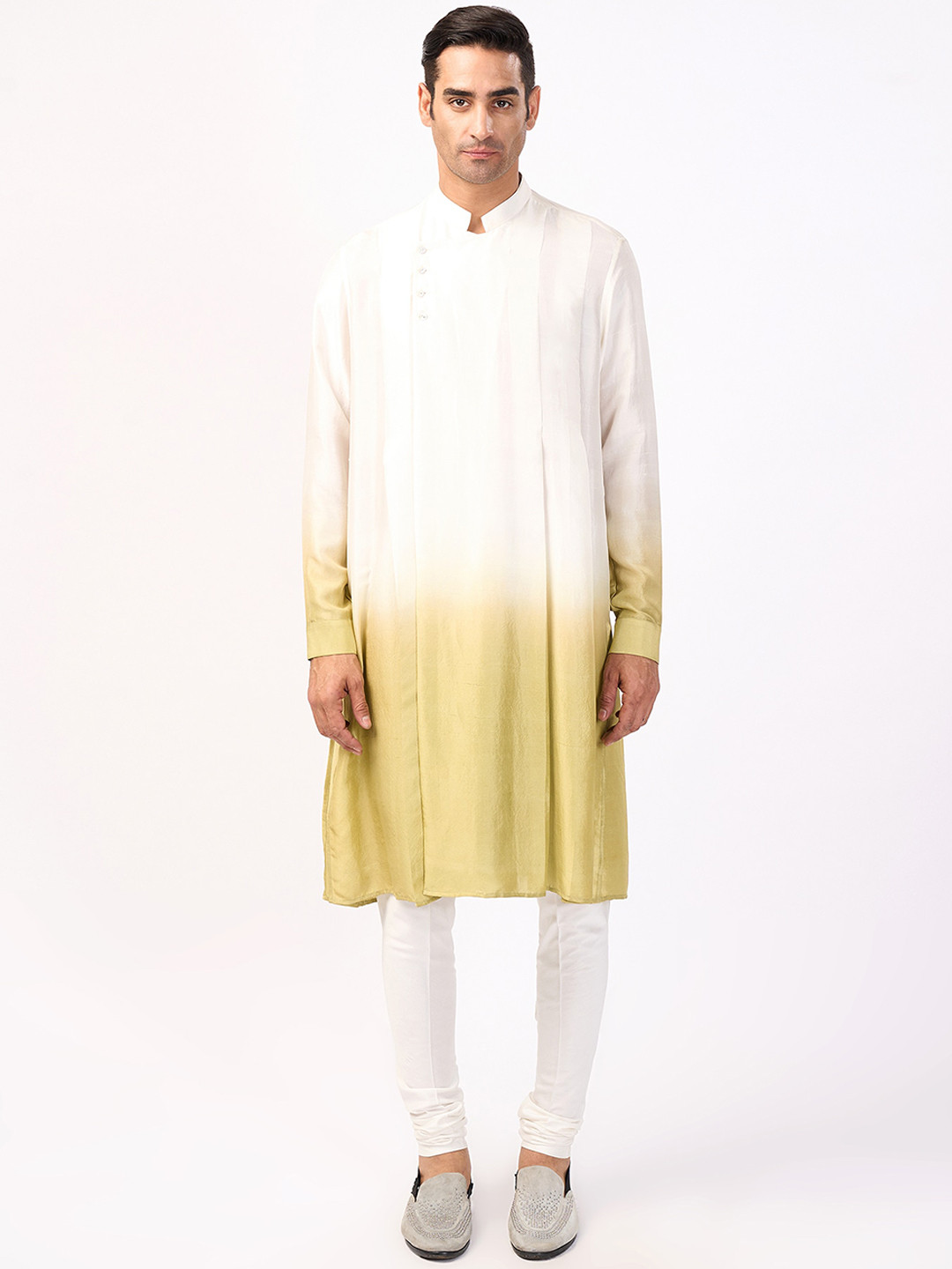 Rohit Gandhi + Rahul Khanna Ombre Mandarin Collar Flared Sleeves Overlap Layer Kurta Set