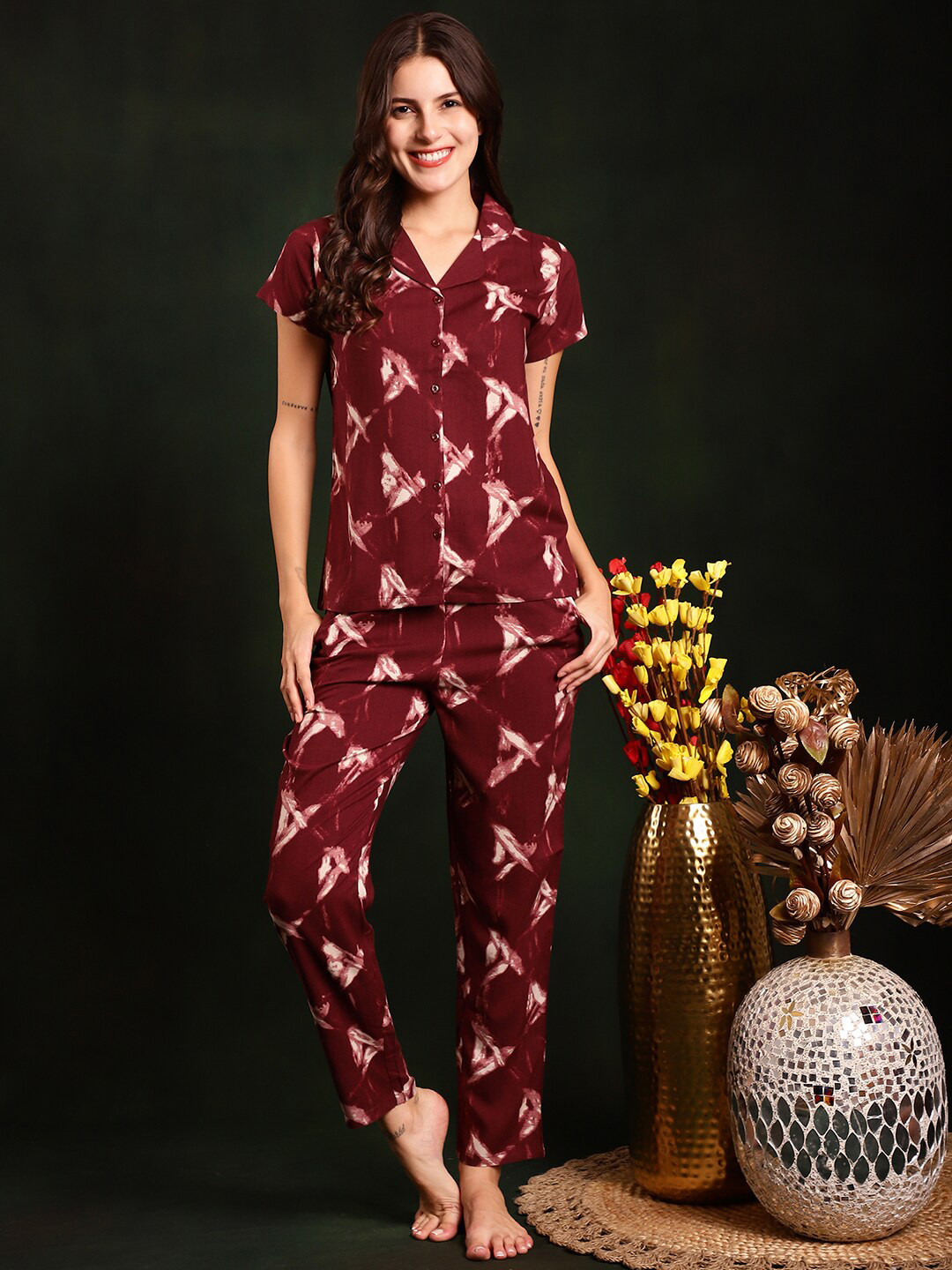 Claura Maroon Tie and Dye Lapel Collar Night suit