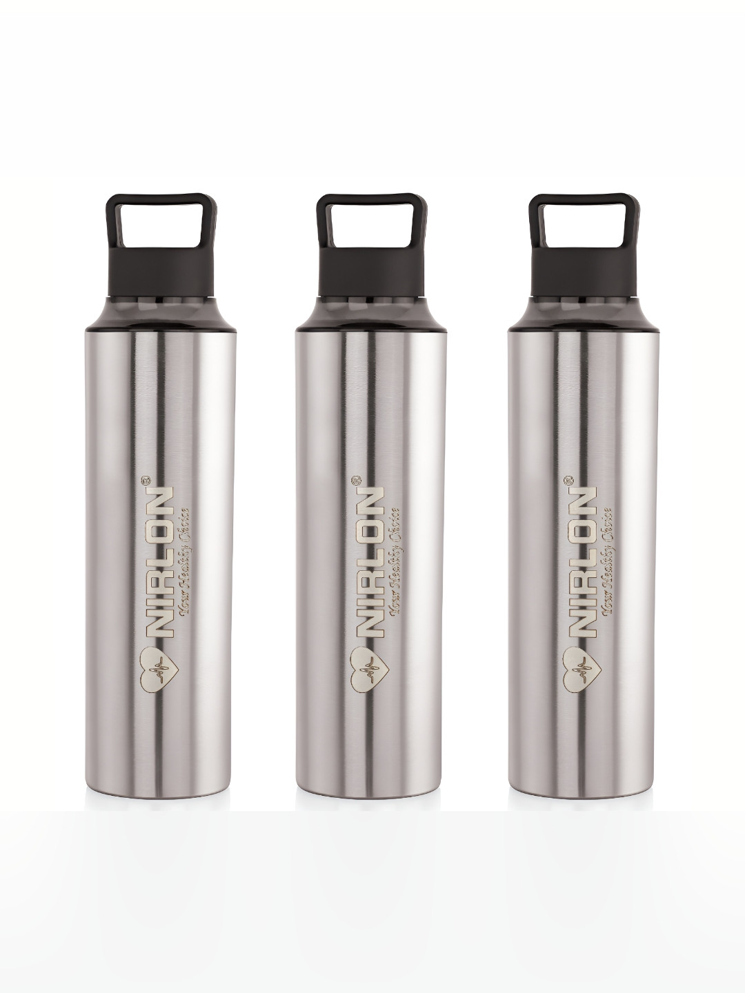 NIRLON Eco Pur Black Solid Stainless Steel Single Wall Vacuum 3 Piece Water Bottle - 900ml