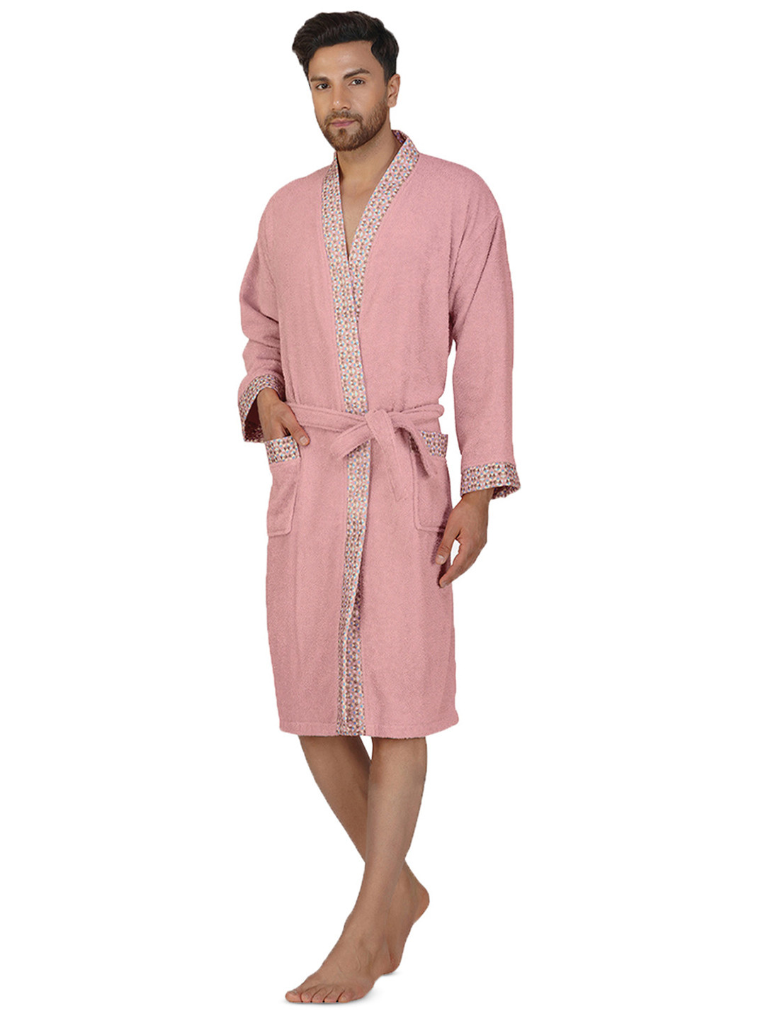 RANGOLI Sakura Purple Cotton Drawstring Knee Length Bath Robe with Pair Slipper-XL