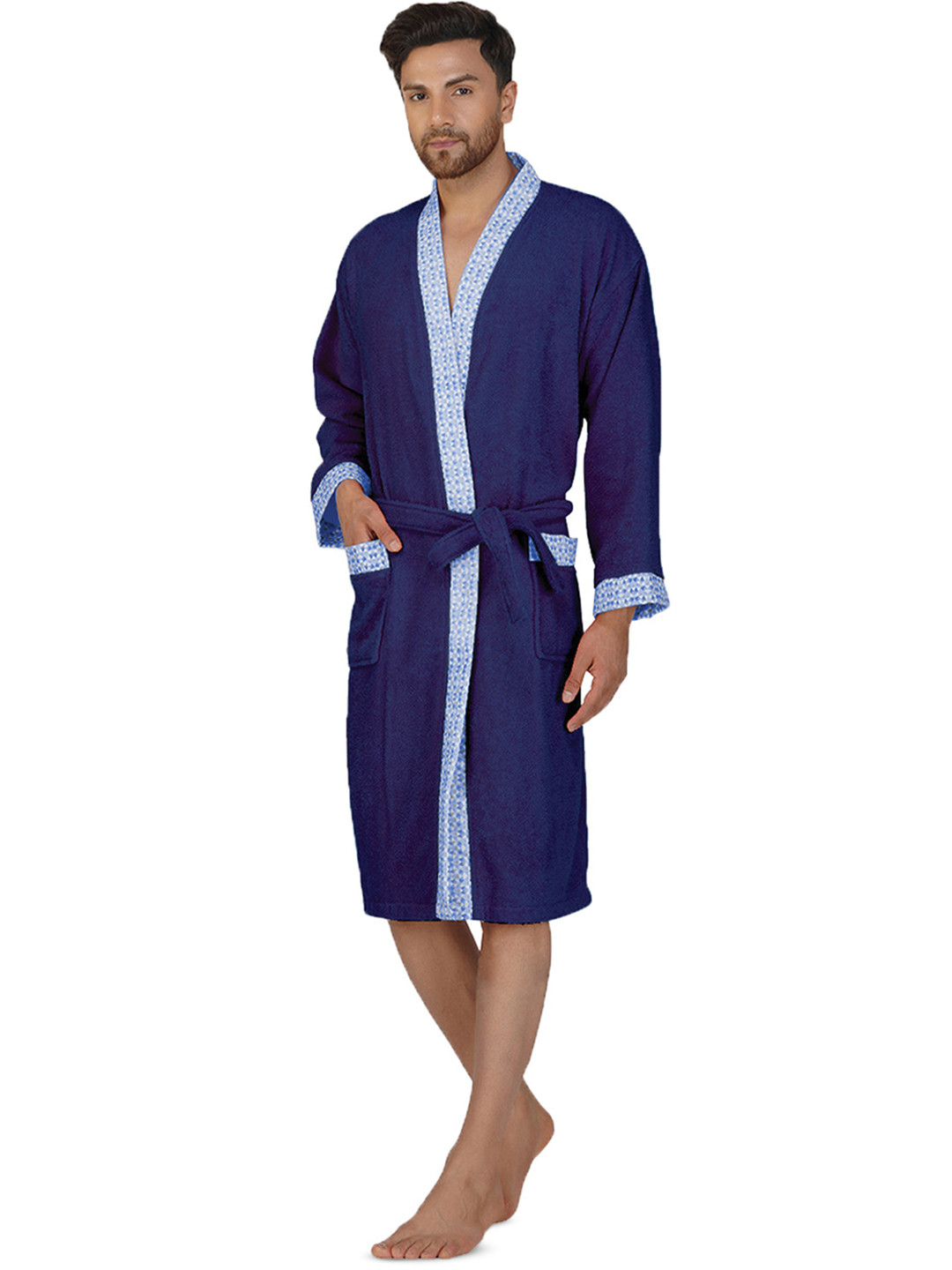 RANGOLI Sakura Navy Blue Cotton Drawstring Knee Length Bath Robe with Pair Slipper-XL