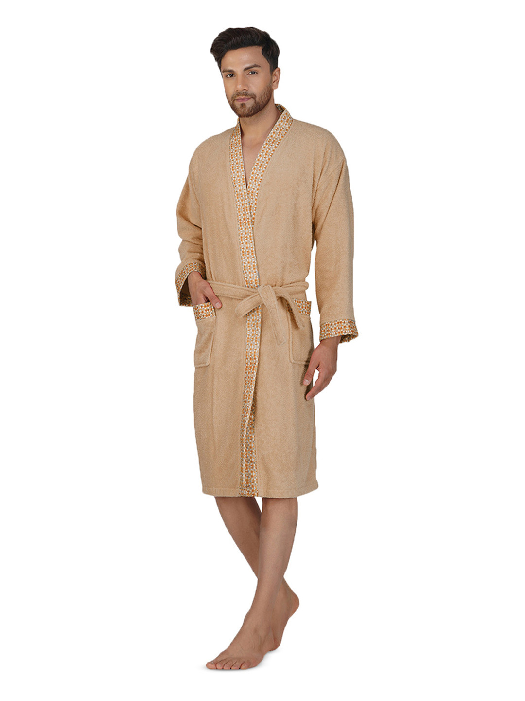 RANGOLI Sakura Beige Cotton Drawstring Knee Length Set of 2 Bath Robe with Pair Slipper-XL