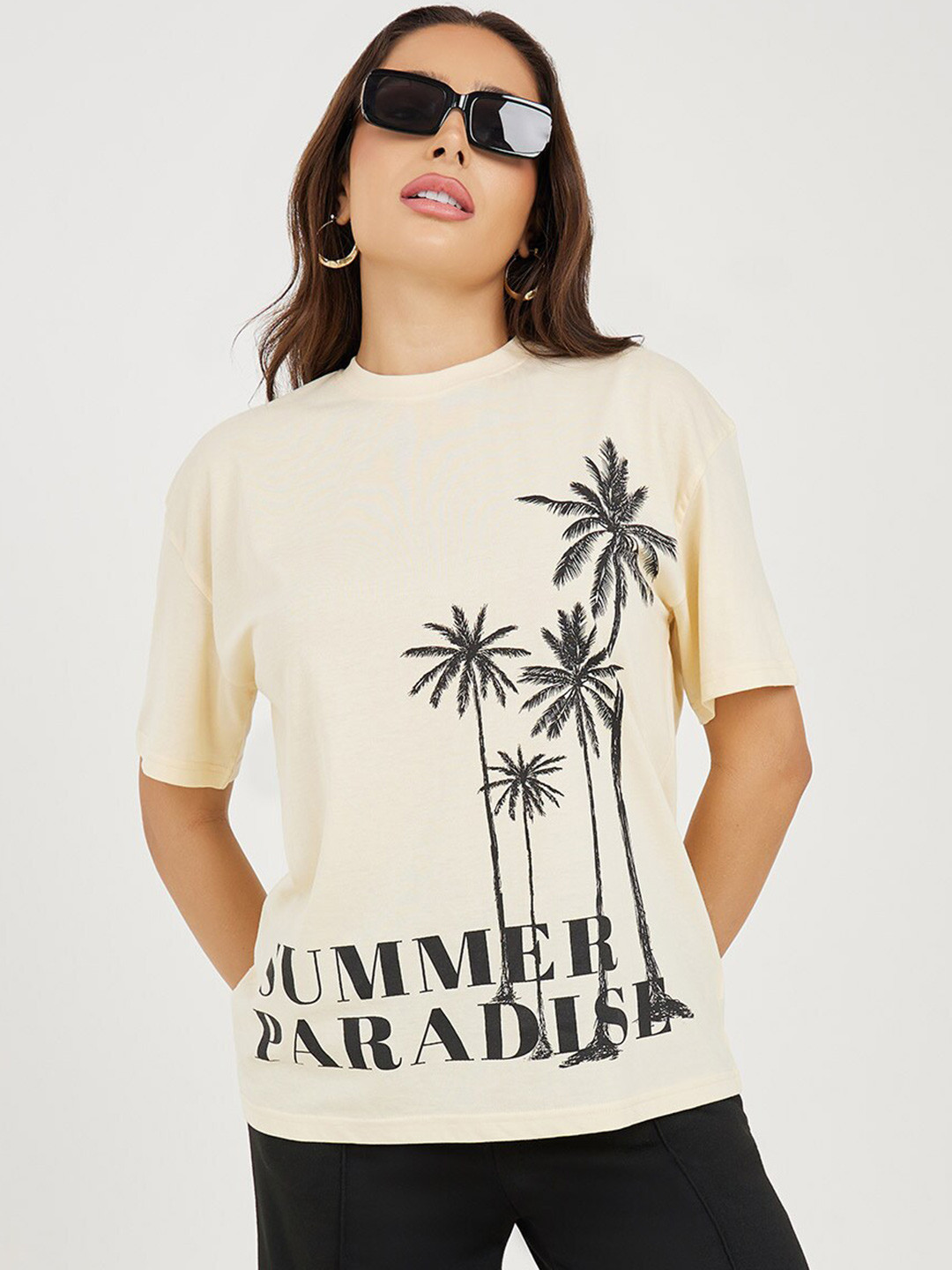 Styli Cotton Summer Paradise Slogan Dropped Shoulder Short Sleeve Oversized T-Shirt