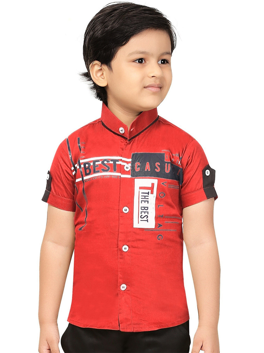 BAESD Boys Band Collar Short Sleeves Typographic Printed Regular Fit Casual Shirt