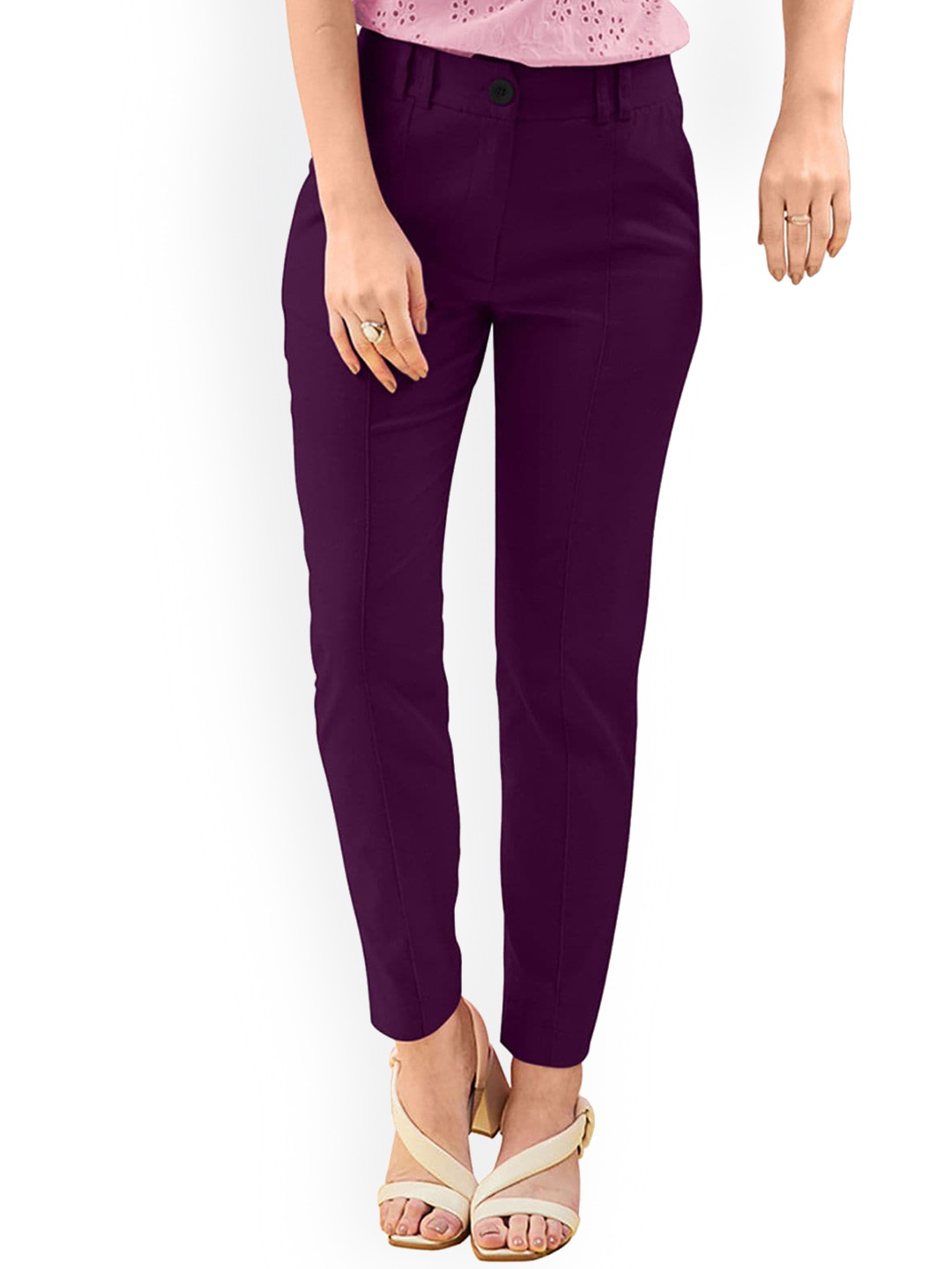 ODETTE Women Wine High-Rise Formal Polyester Pleated Trousers