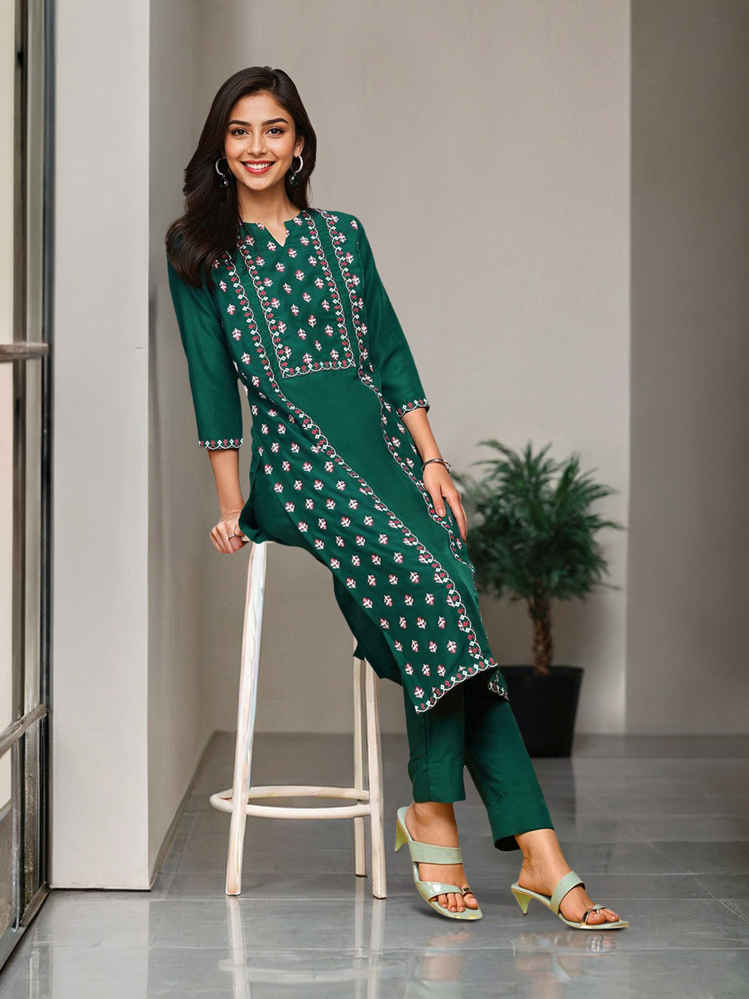 Ishin Floral Printed Round Neck Three-Quarter Sleeves Straight Kurta with Trousers
