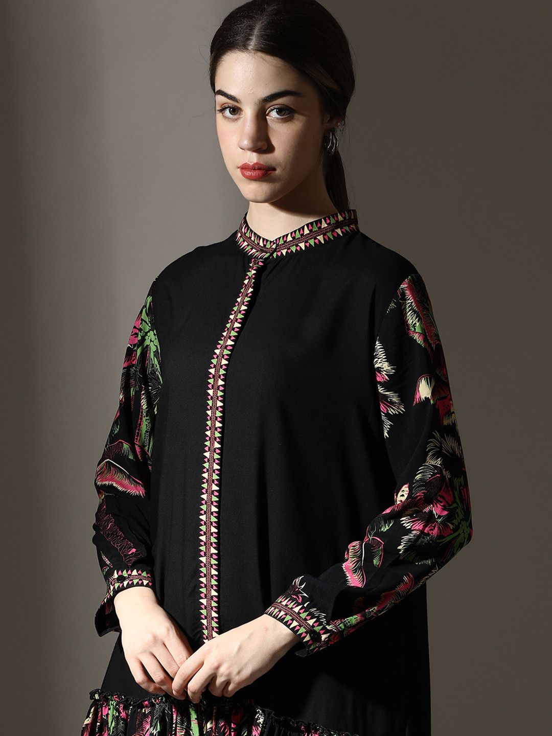 Dora Dori Relaxed Fit Black Floral Printed A-Line Dress with Mandarin Neck