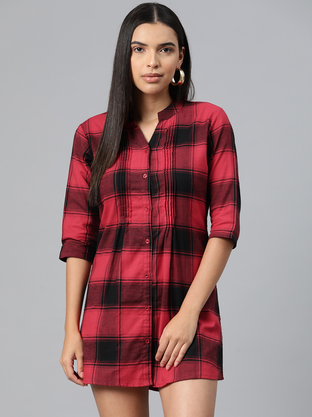One Femme Checked Mandarin Collar Shirt Mini Dress