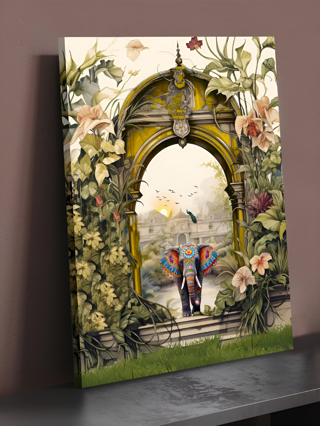 Art Street Green & White Canvas Painting Elephant & Peacock Mughal Wall Art