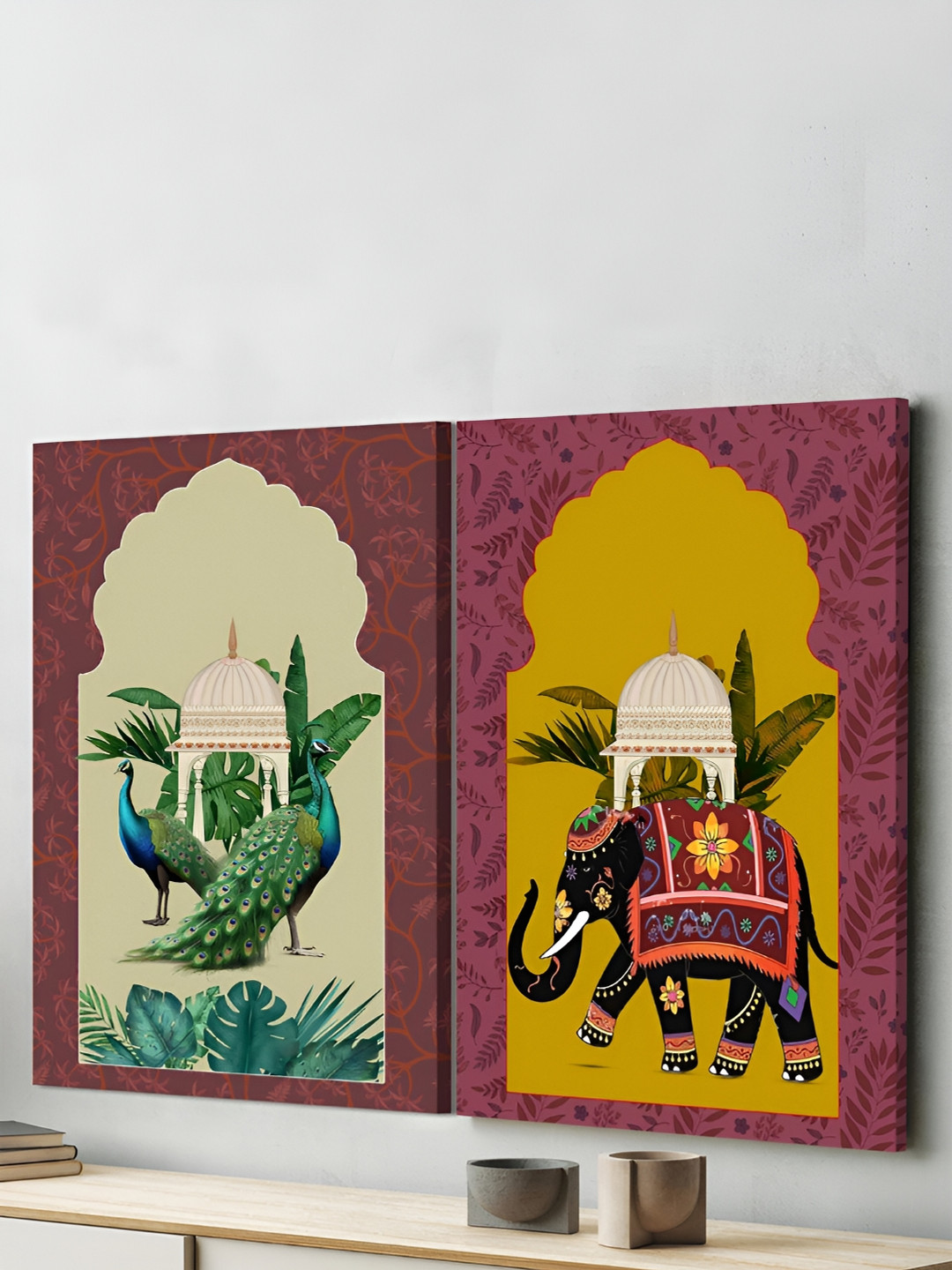 Art Street Green & Brown Canvas Painting Elephant & Peacock Mughal Wall Art