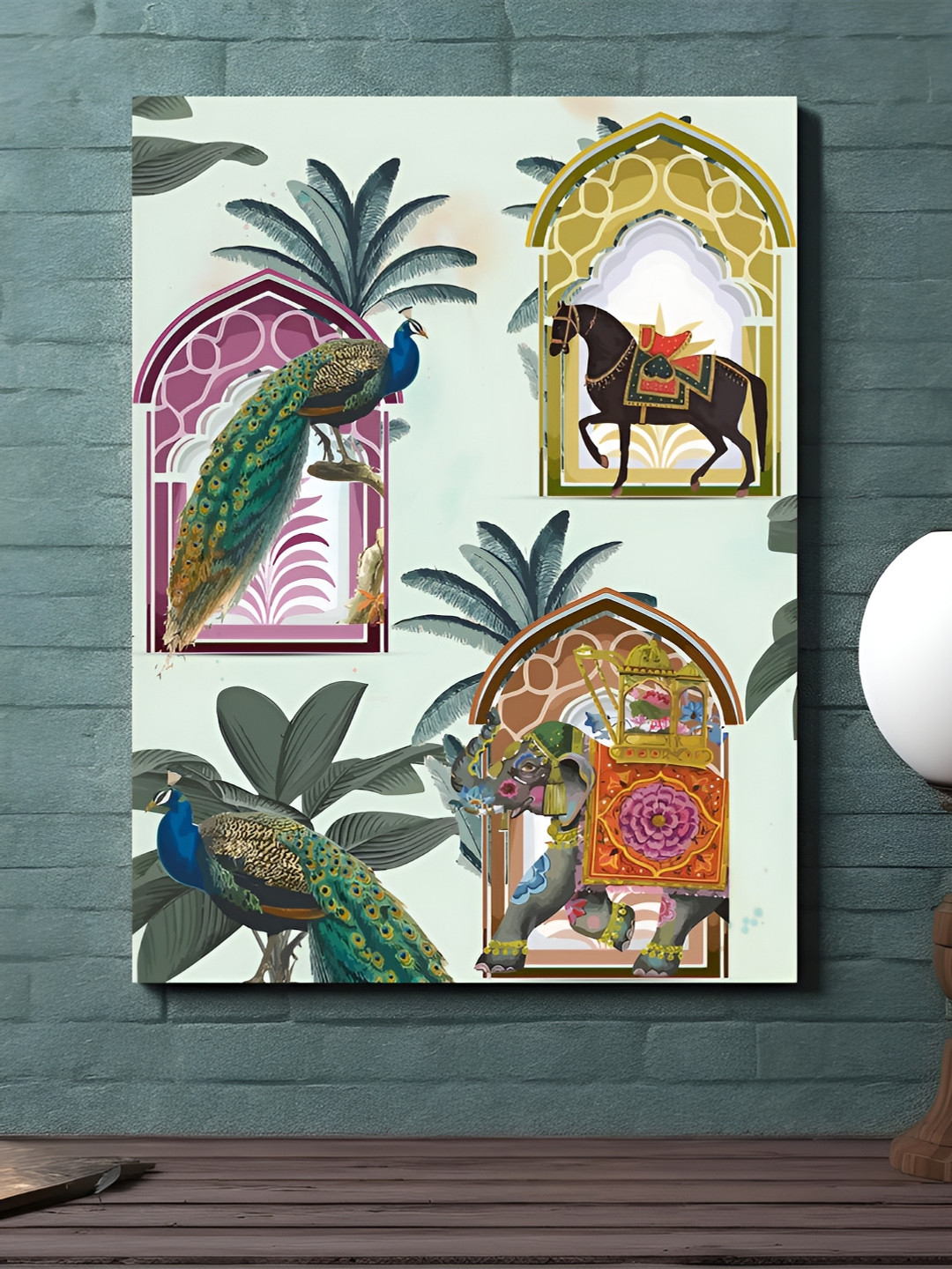 Art Street Green & Yellow Canvas Painting Peacock, Horse & Elephant Wall Art