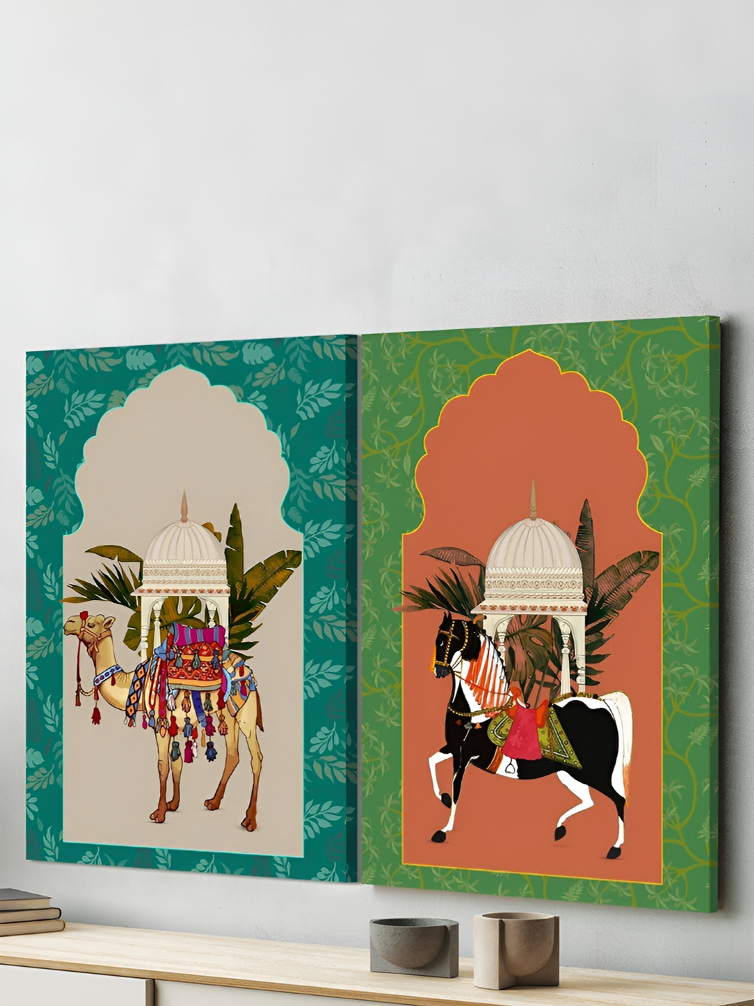Art Street Green & Orange Canvas Painting Camel & Horse Mughal Wall Art