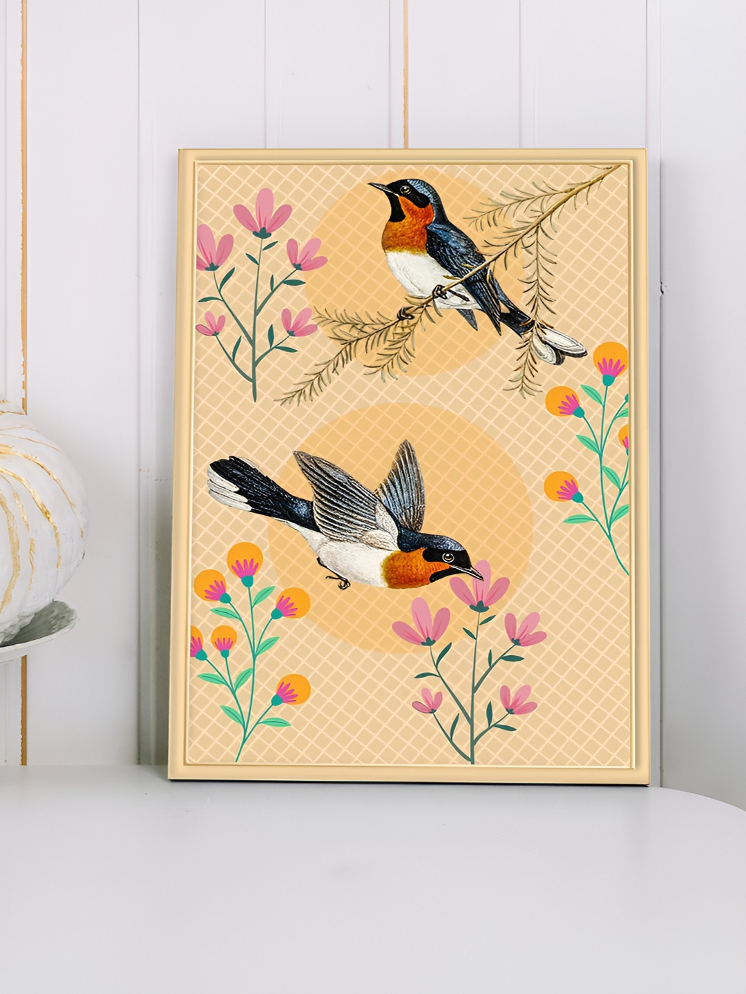 Art Street Beige & Black Canvas Painting of Jordin Birds Floral Wall Art
