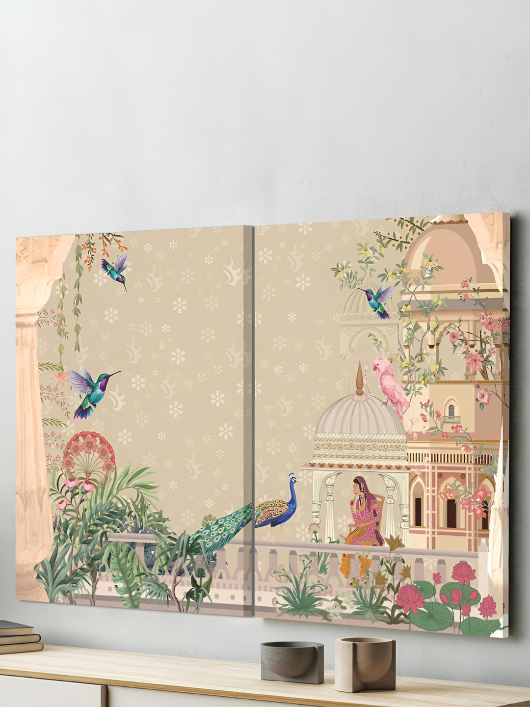 Art Street Off White & Green Canvas Painting Woman & Peacock Mughal Wall Art