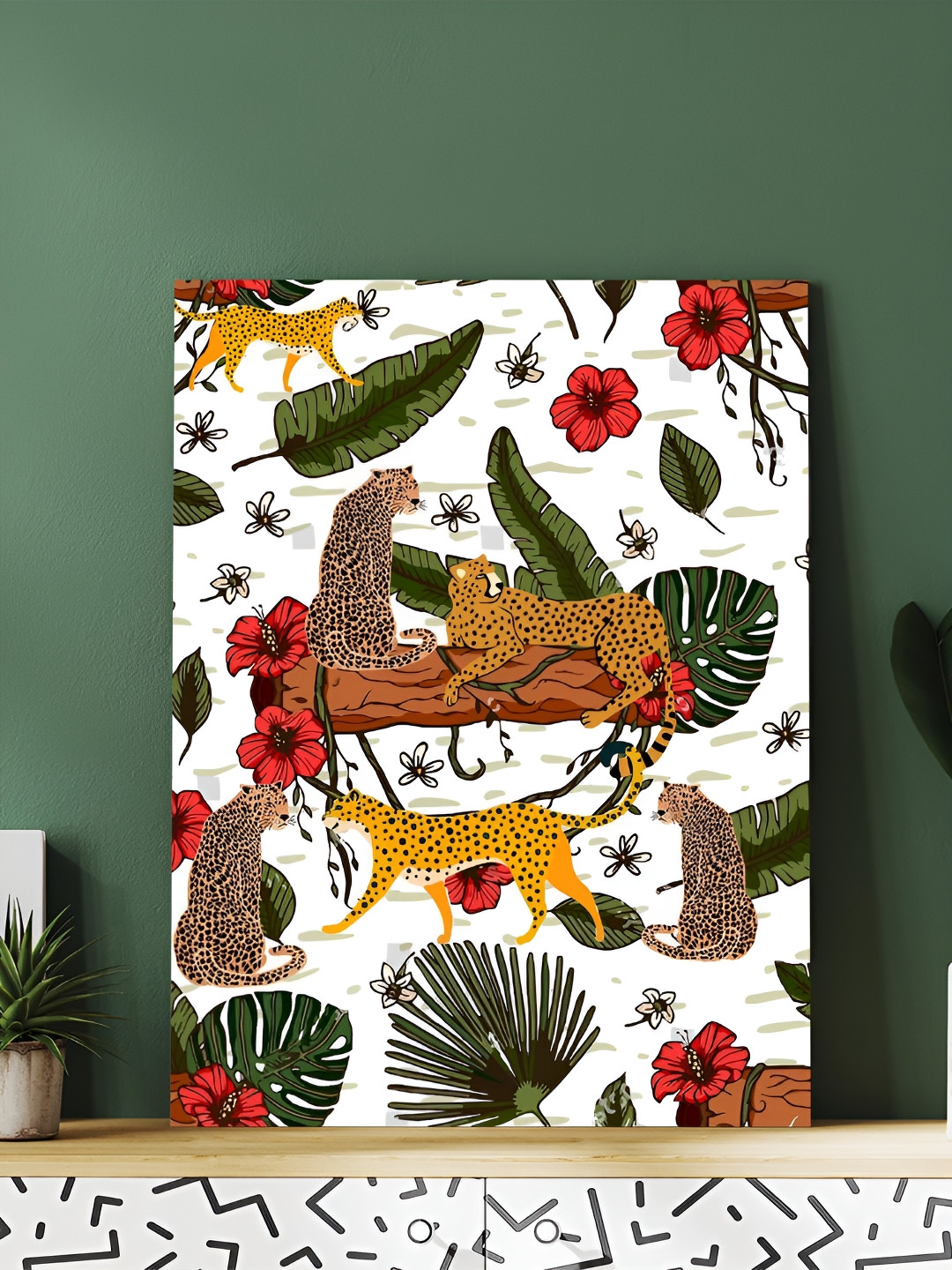 Art Street White & Brown Canvas Painting Leopards on Tree Wall Art