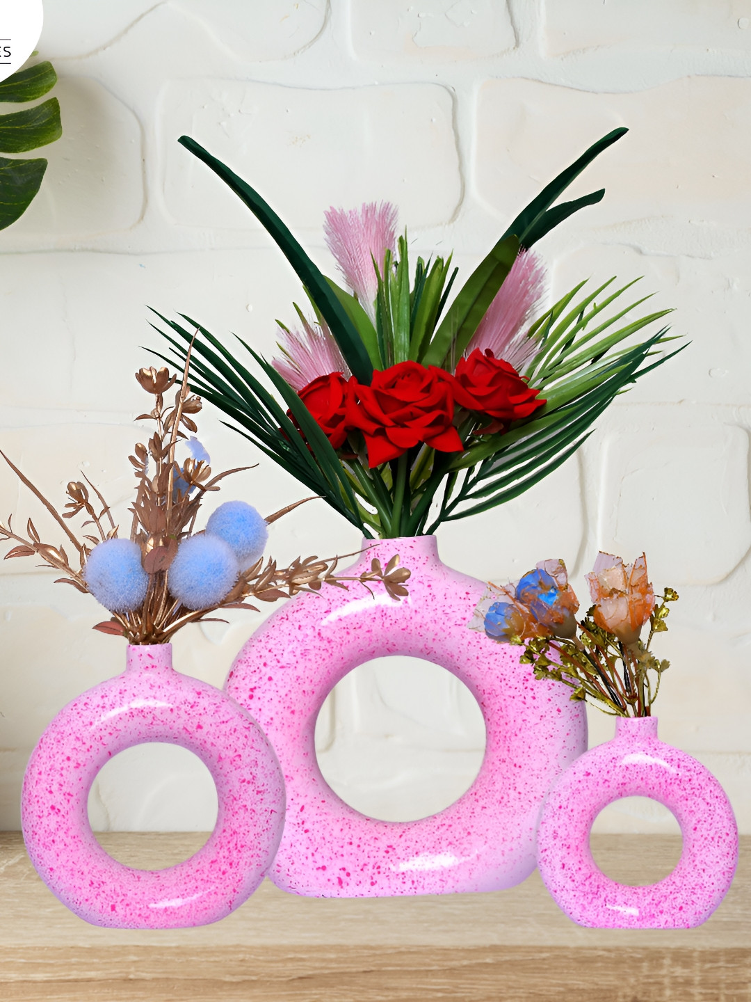 GW CREATIONS Pink 3 Pieces Printed Donut Shaped Flower Vases