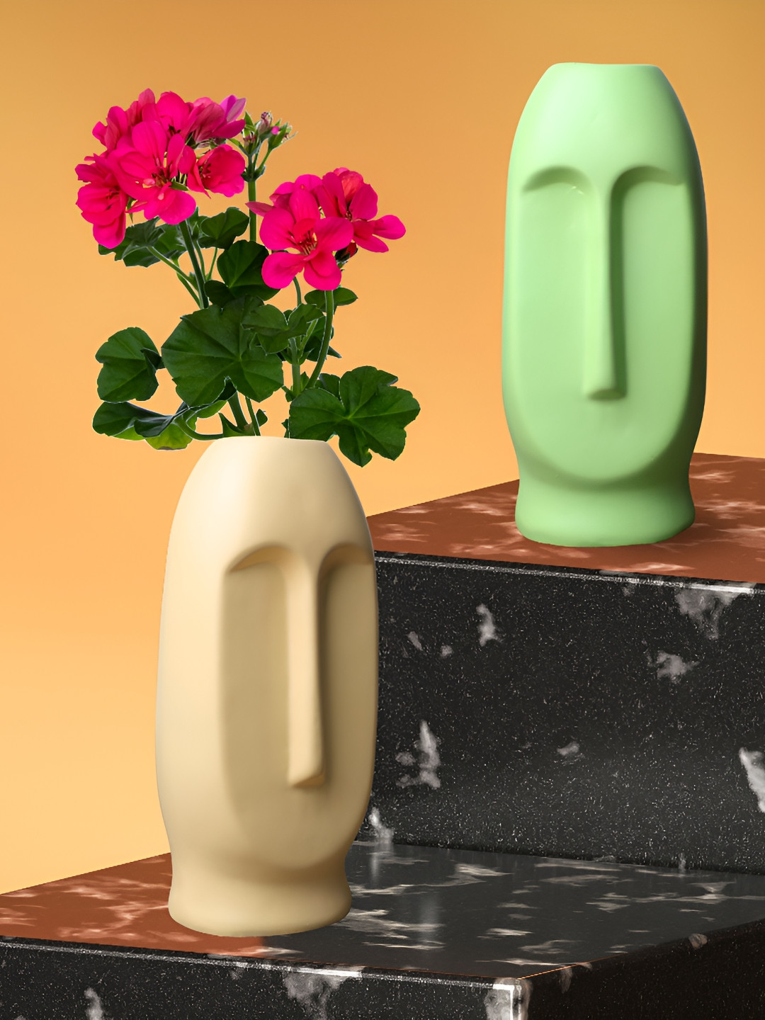 GW CREATIONS 2-Pcs Green & Beige Face Flower Vases