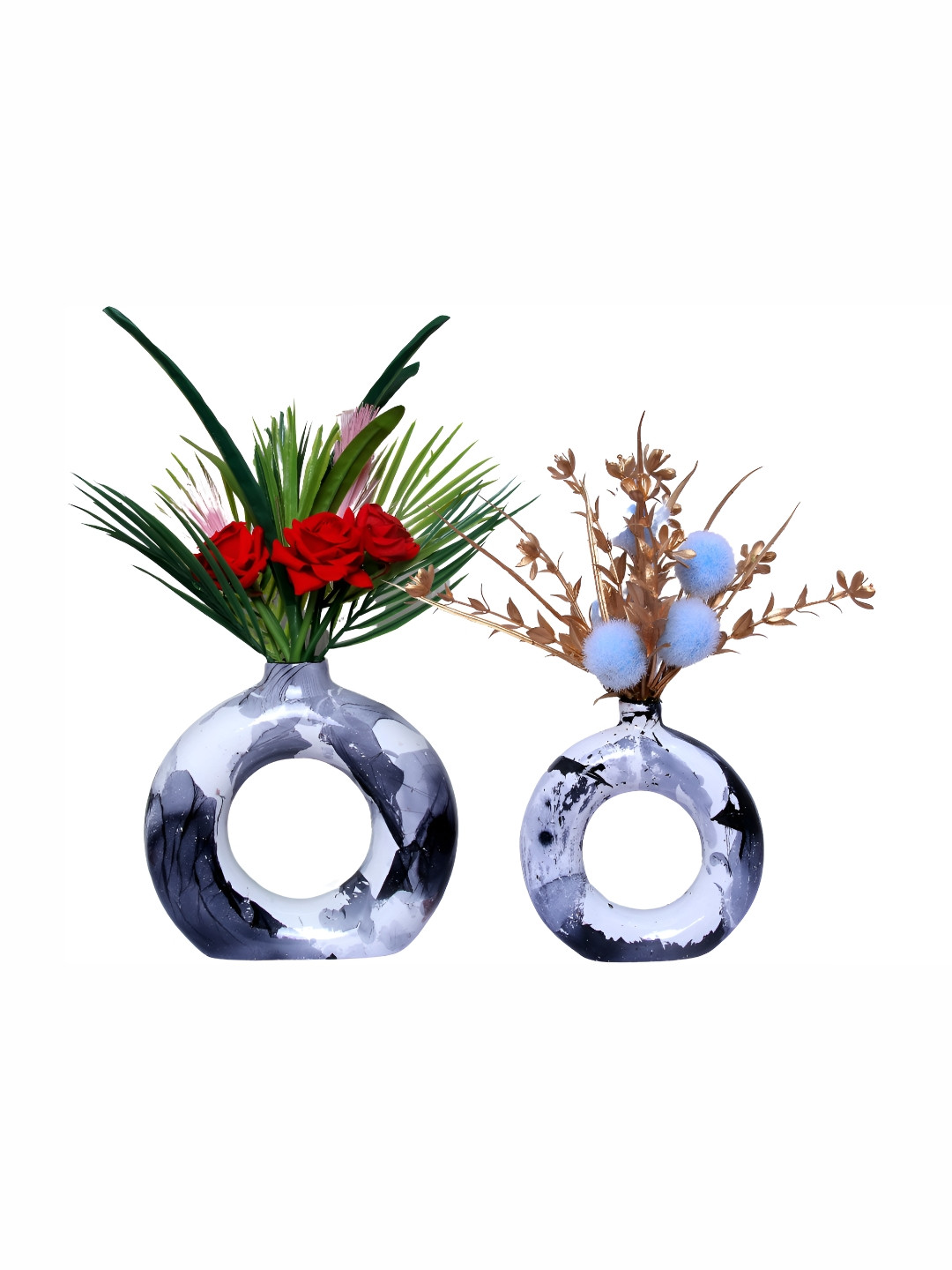 GW CREATIONS Black & White Abstract 2 Pcs Printed Round Vases