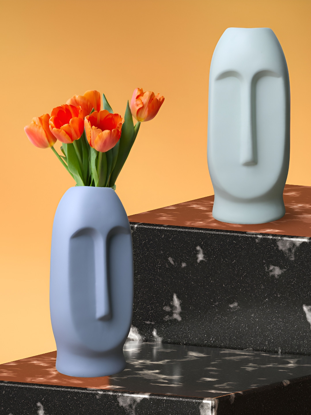 GW CREATIONS 2-Pcs Blue & Green Face Shaped Flower Vases