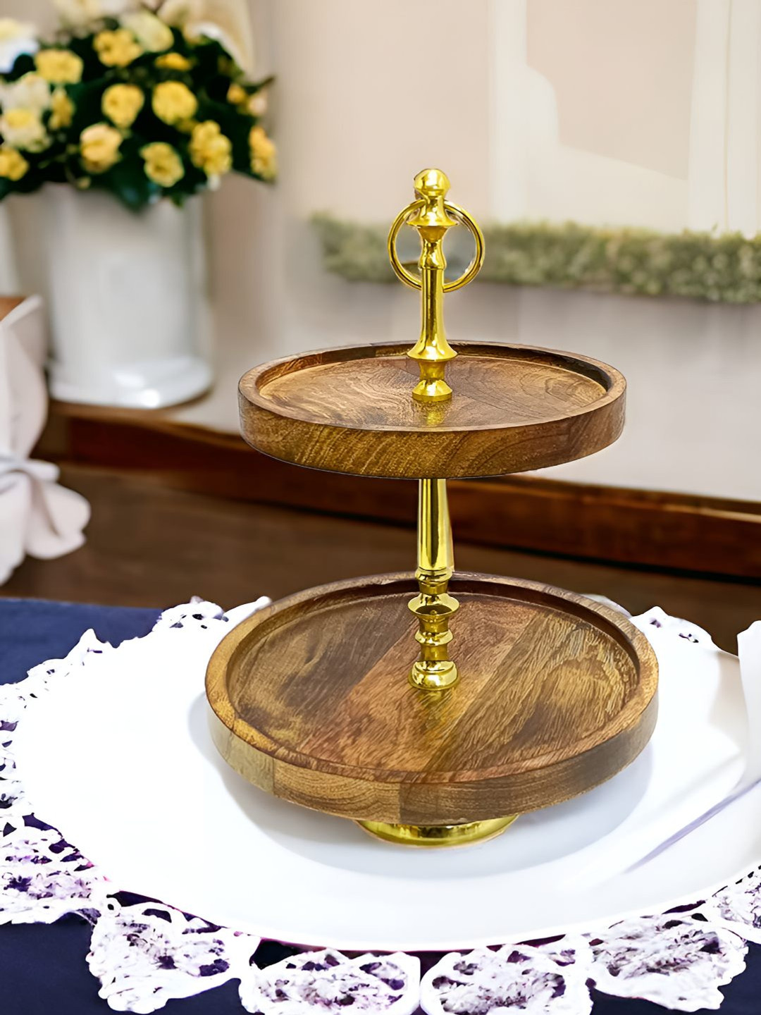 Extreme Karigari Gold Toned & Brown Wooden Round Cake Stand