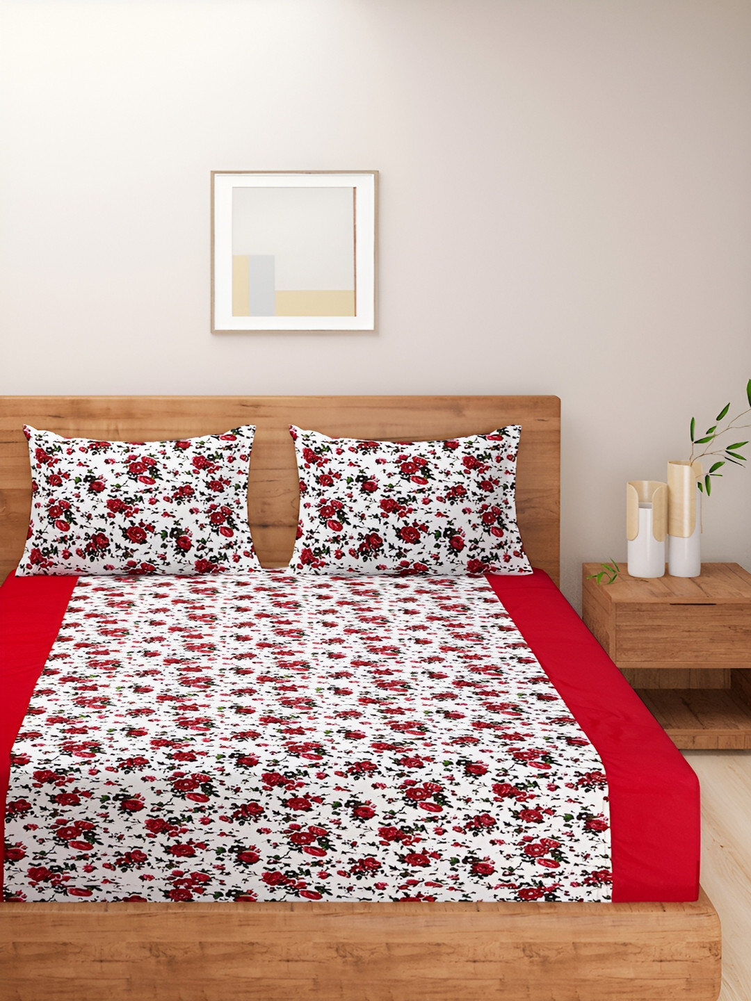 Aura Zig Zag Design Red Floral Pure Cotton 160 TC King Bedsheet with 2 Pillow Covers-270 x 270 cm