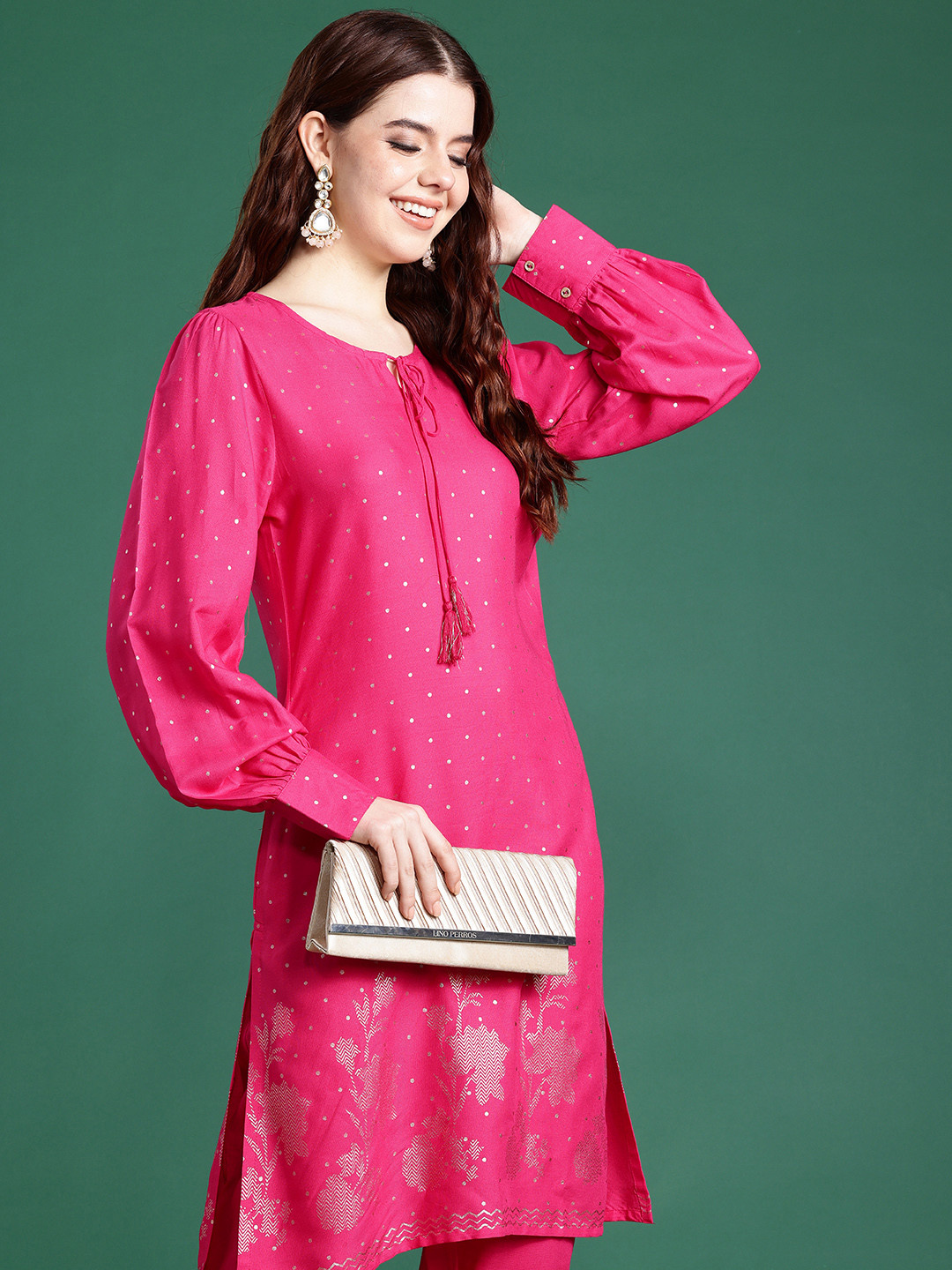 Sangria Geometric Printed Tie-Up Neck Puffed Sleeves Kurta with Trousers