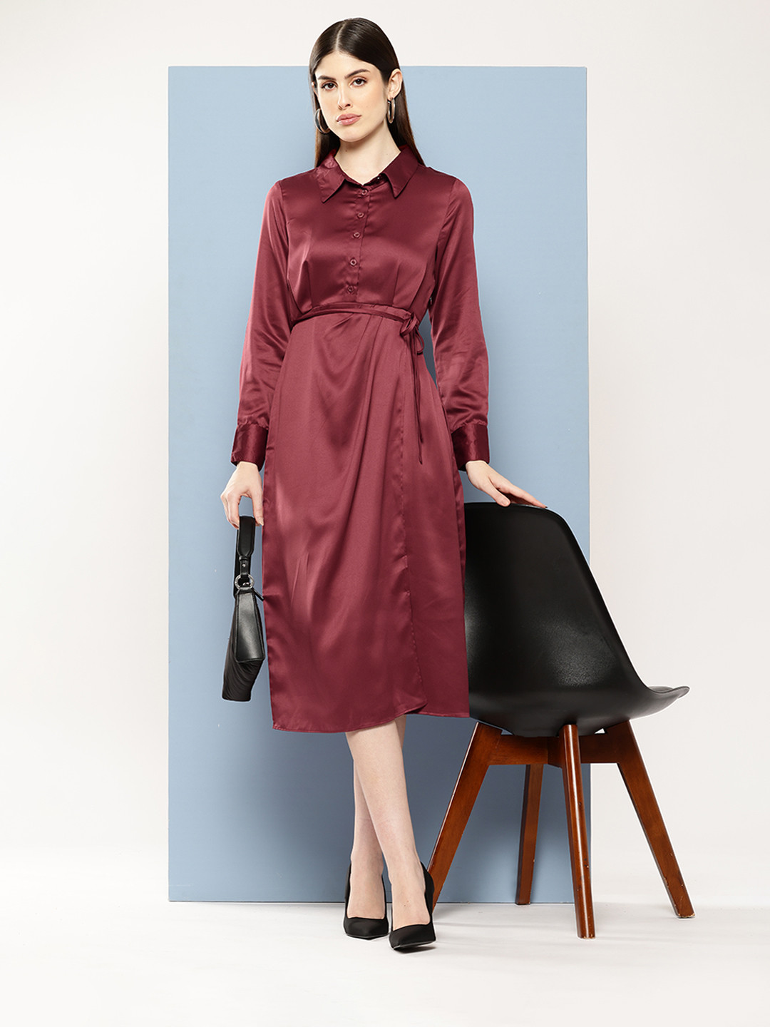 Chemistry Satin Formal Shirt Style Midi Dress