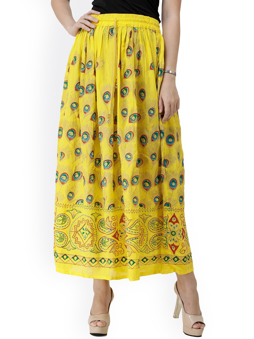 Exotic India Maize Long Skirt with Printed Peacock Feathers