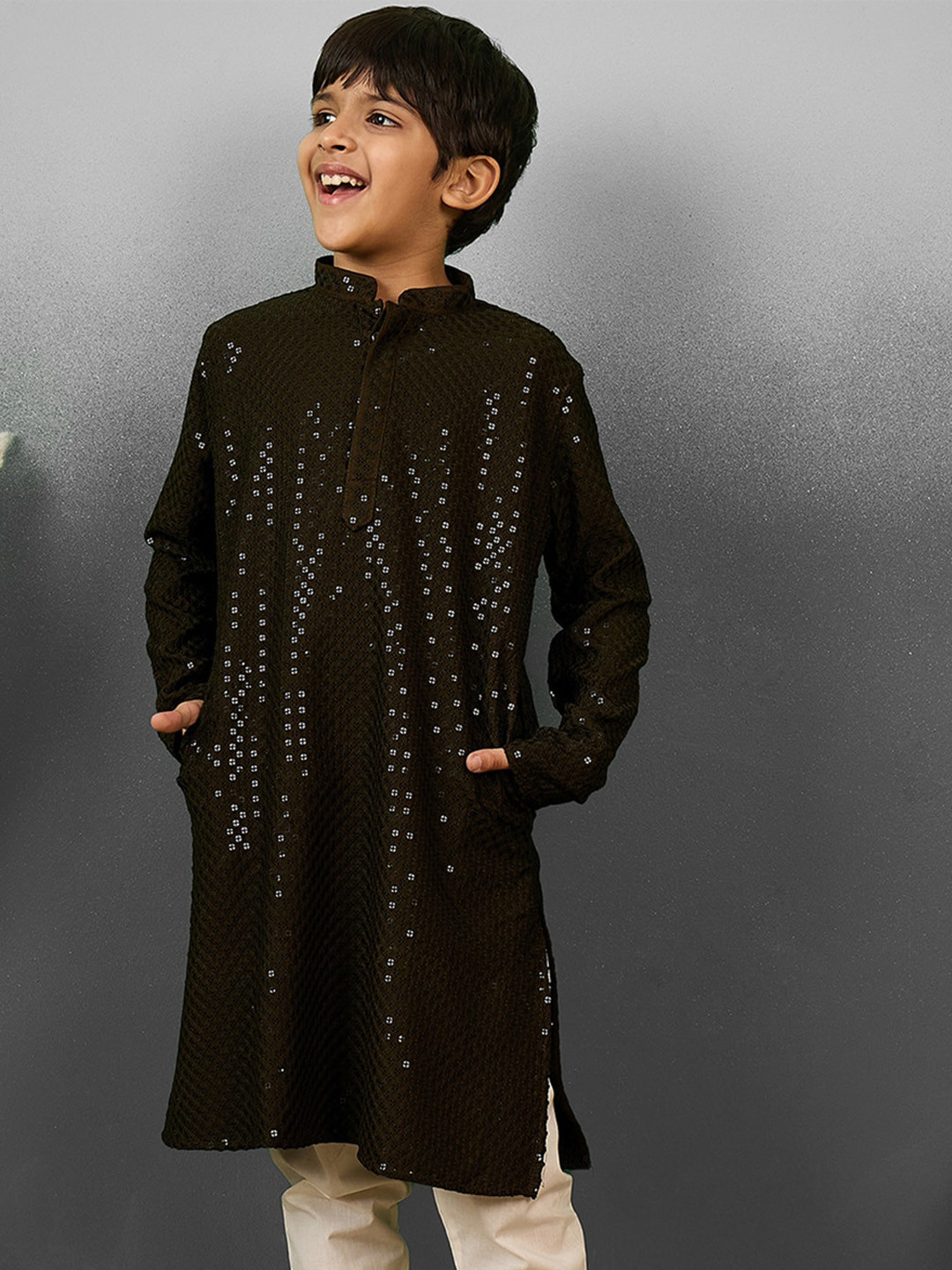 YK Boys Dapper & Dazzling Sequin Embellished Straight Kurta