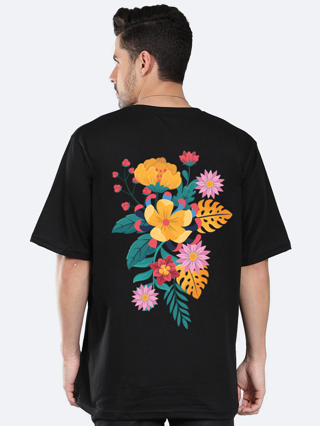 Floral Printed Oversized Cotton T-shirt with Drop-Shoulder Sleeves