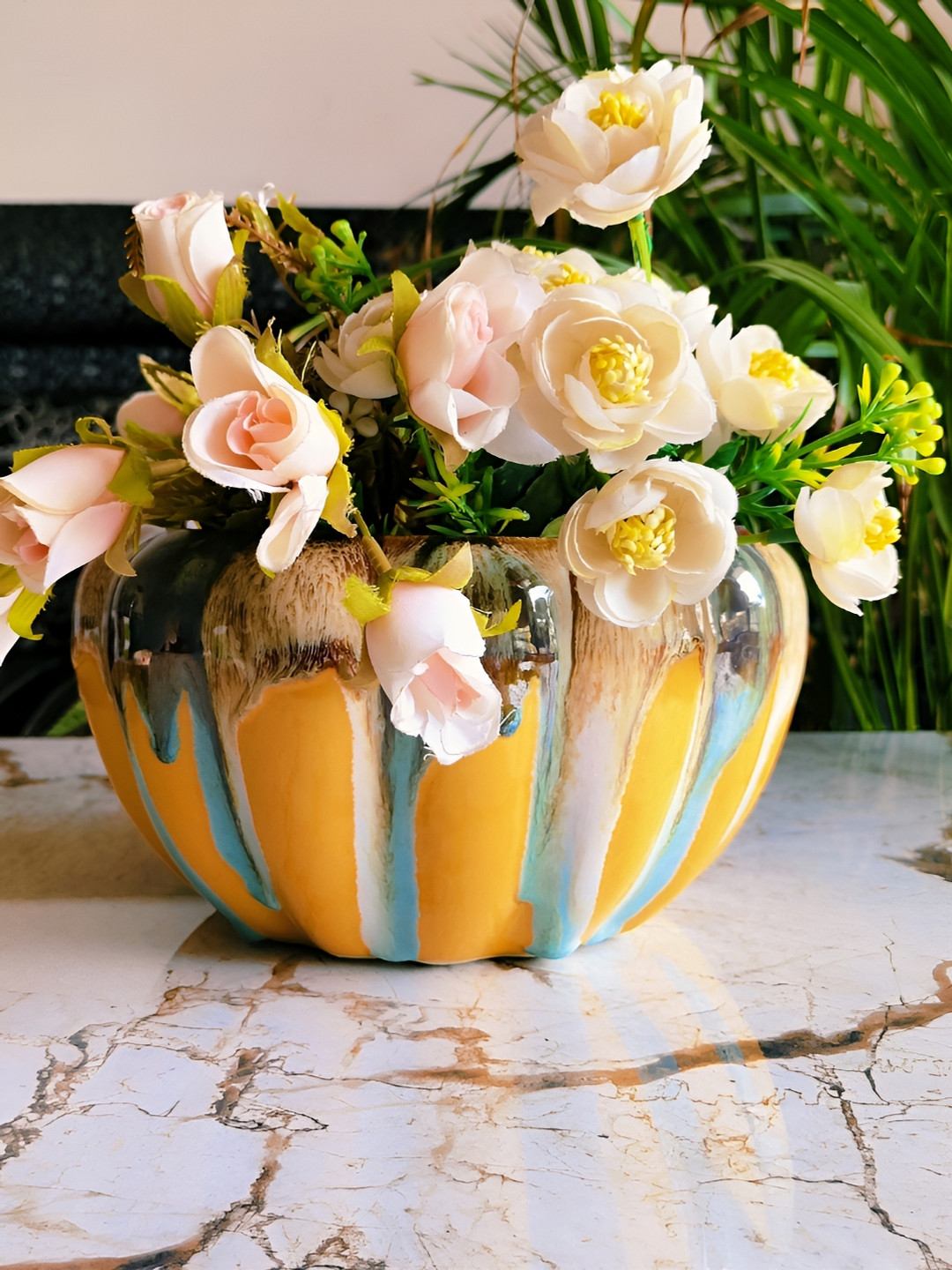 NIYARA Mustard Yellow & Blue Abstract Ceramic Planter