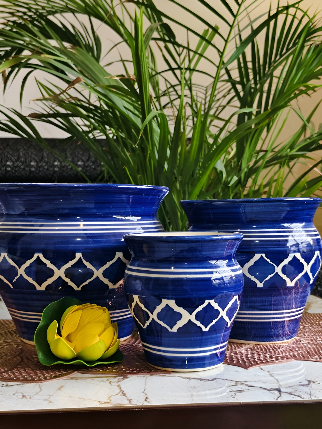 NIYARA Blue & White 3 Pieces Geometric Printed Ceramic Planters
