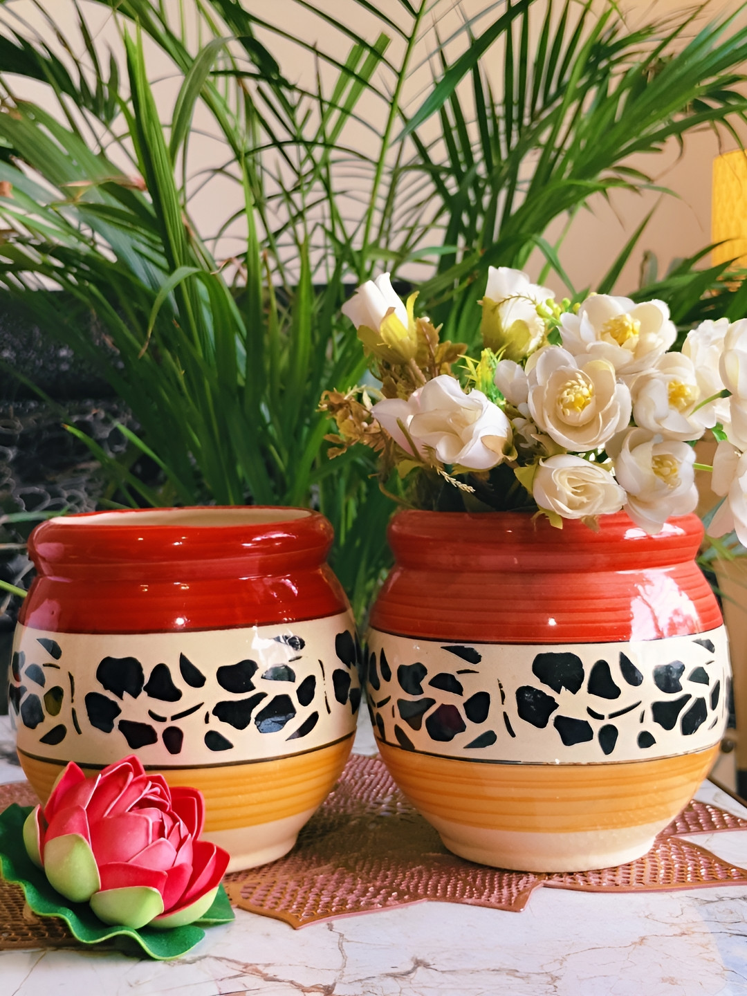NIYARA Red & Yellow 2 Pieces Mughal Printed Ceramic Planters