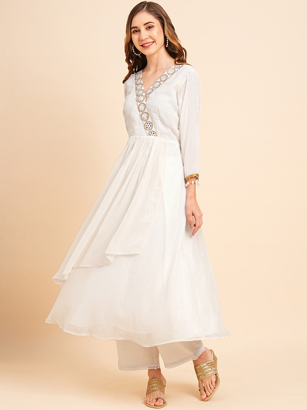 RATAN Striped V-Neck Georgette Anarkali Kurta