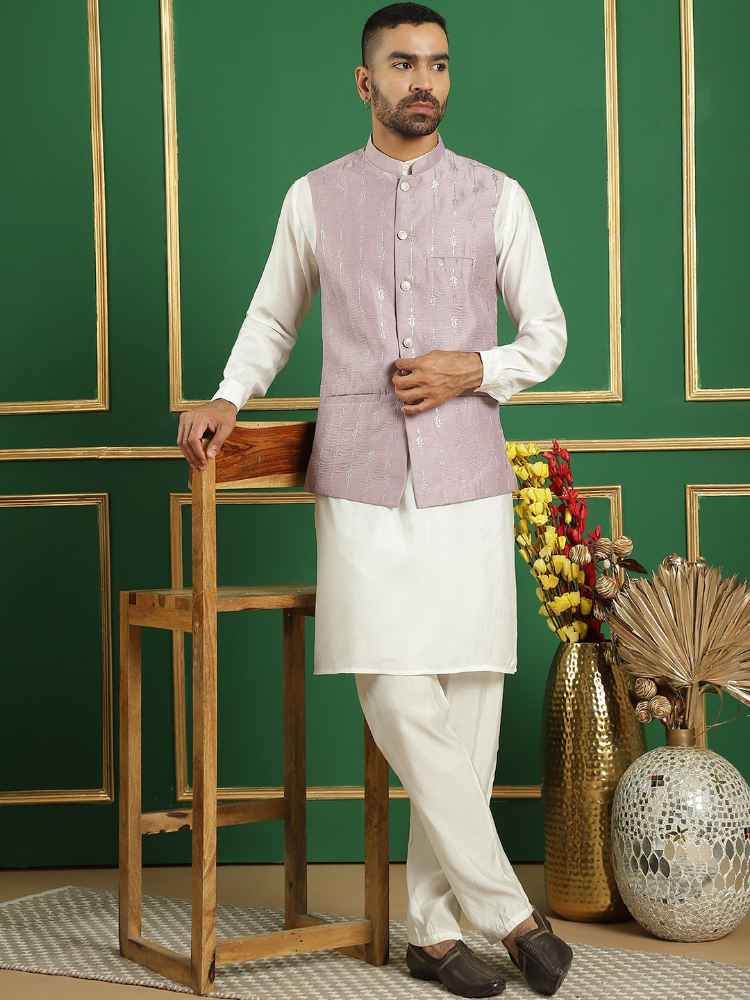 Anouk Lavender & Off White Embroidered Regular Sequinned Kurta with Pyjamas