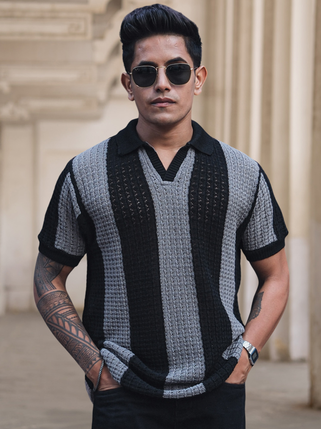 Powerlook Crochet Striped Reglular Half Sleeves T Shirt