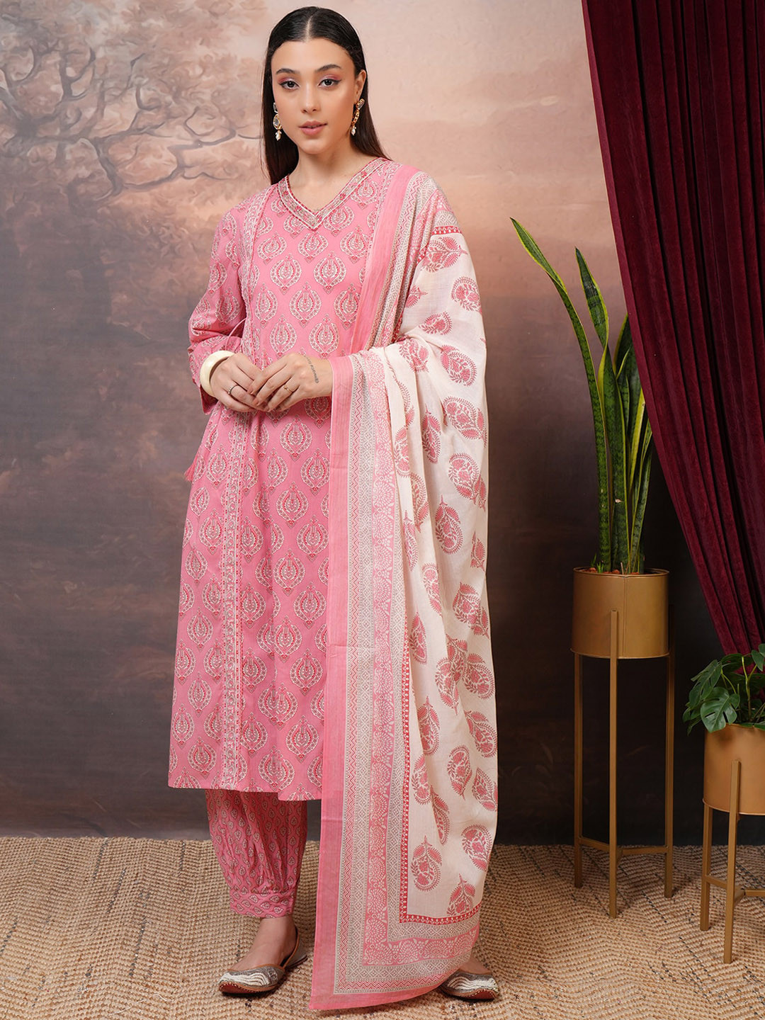 Vishudh Peach Floral Printed Pure Cotton Panelled A-Line Kurta With Salwar & Dupatta