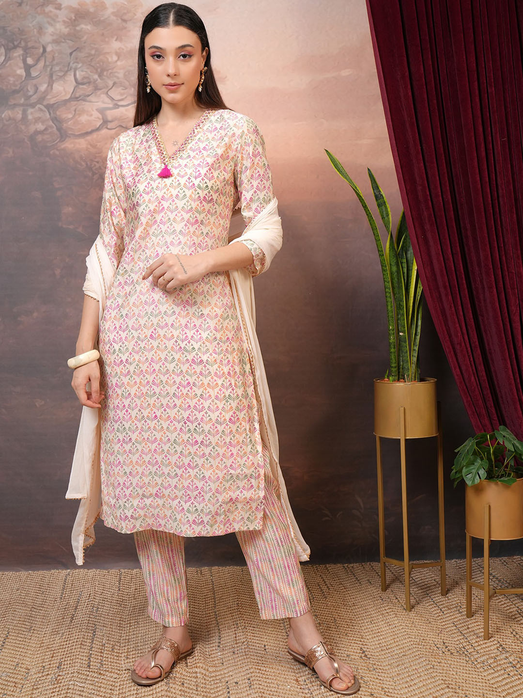 Vishudh Cream Coloured Printed Beads & Stones Straight Kurta With Trousers & Dupatta