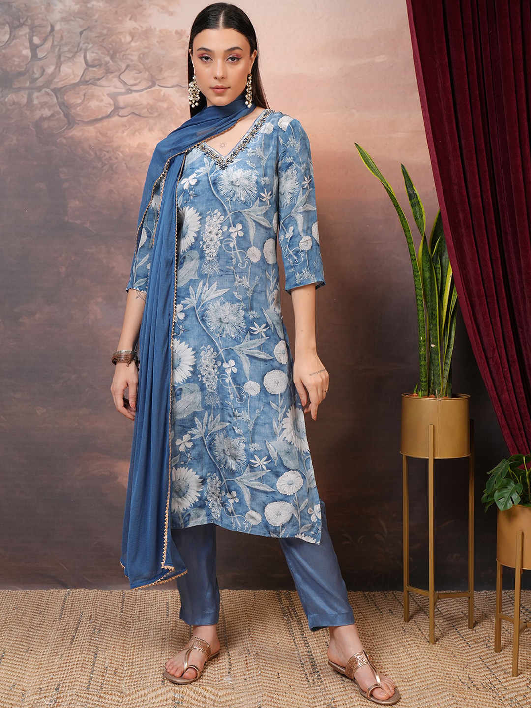 Vishudh Grey Floral Printed Beads & Stones Straight Kurta With Trousers & Dupatta